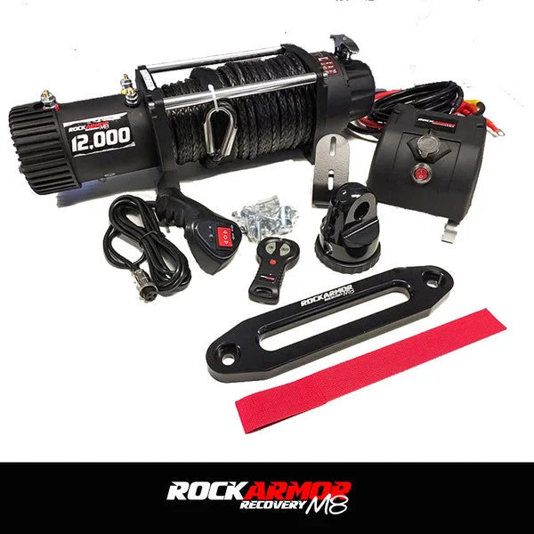 Black electric winch with synthetic winch rope and accessories for Rockarmor 12000Lbs 4x4
