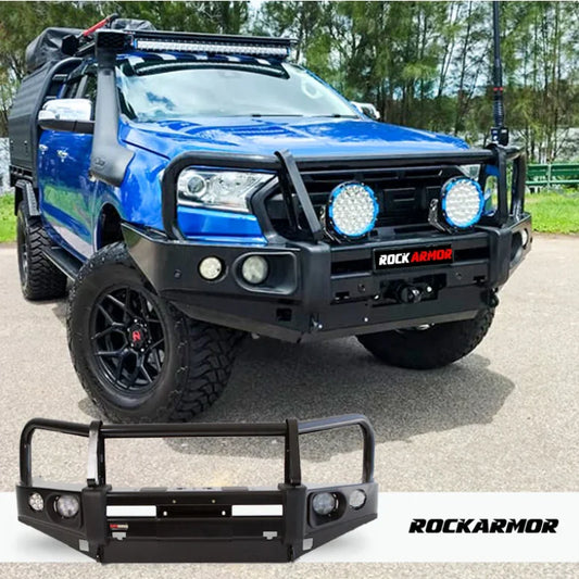 Blue off-road truck with elite bullbar and black synthetic winch rope on Ford Ranger