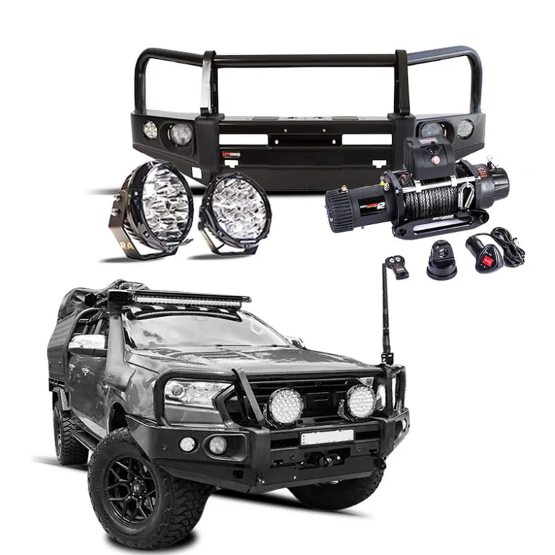 Off-road vehicle accessories featuring Rockarmor Elite Bullbar with synthetic winch rope for Ford Ranger