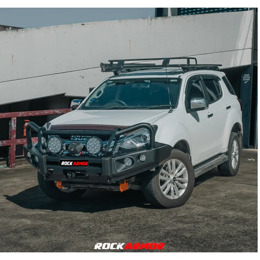 White Isuzu SUV with Rockarmor Elite Bullbar Frontal Combo and control box