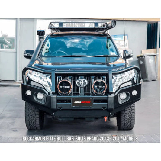 Black Toyota Prado with Elite Steel Bullbar for Toyota Prado 150 Tear Drop 2013-2017