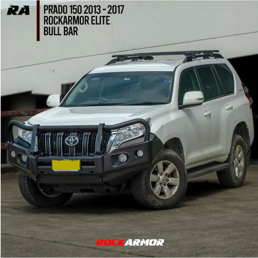 Silver Toyota Prado with black elite steel bullbar for enhanced protection and style