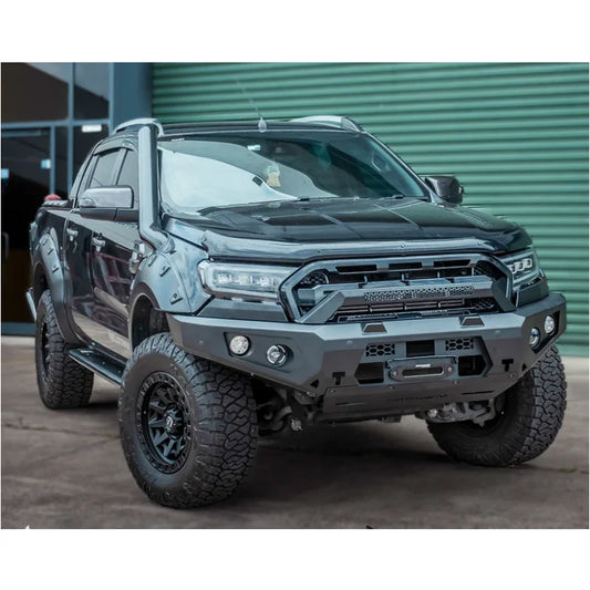 Black modified pickup truck with Rockarmor GT Steel bull bar and driving lights