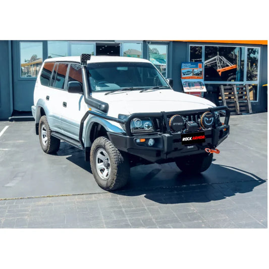 White off-road vehicle with black premium bullbar and synthetic winch rope for Toyota Prado