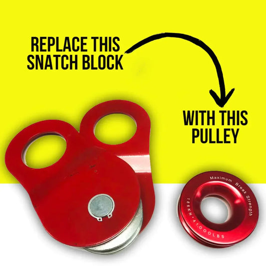 Red snatch block with pulley for Rockarmor 18T soft shackle synthetic rope applications