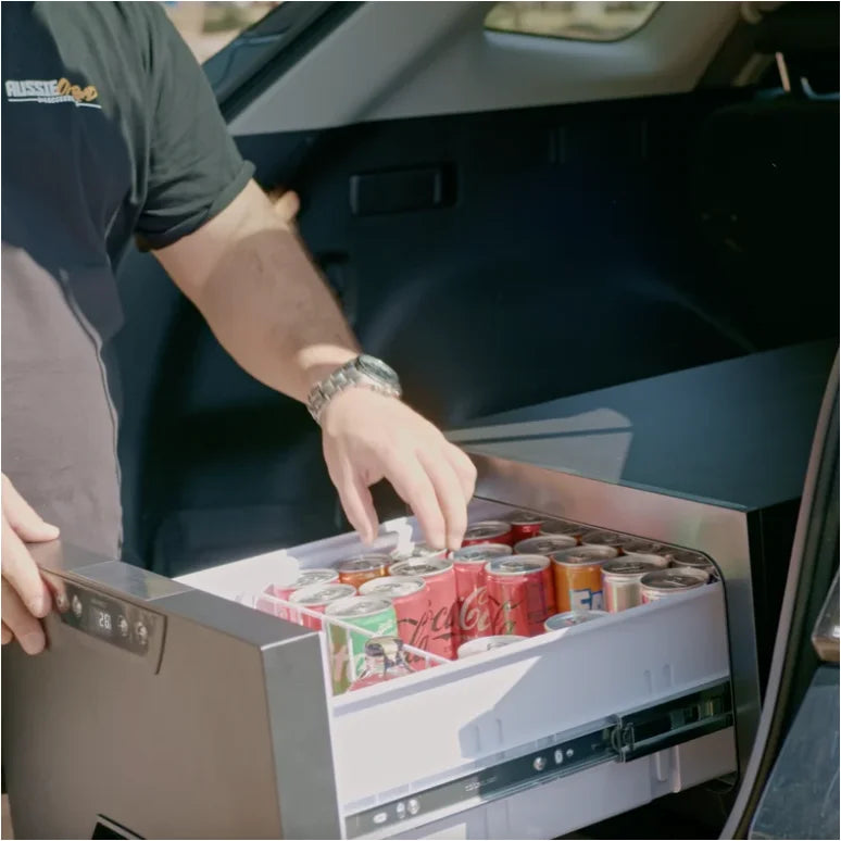 Rockarmor 31 Litre Vehicle Draw Fridge showcases a car trunk refrigerator drawer for outback travellers