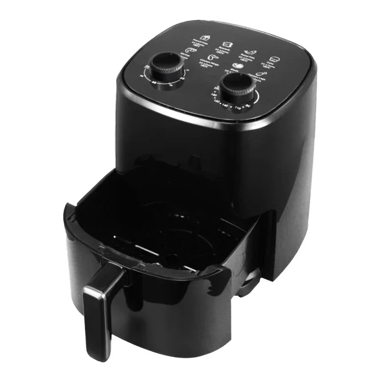 Black Rockarmor 4L 12V Vehicle Air Fryer with timer and temperature dials for efficient cooking