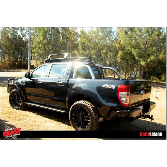 Black modified pickup truck with Rockarmor Brushbar to suit Ford Ranger 2005-2020
