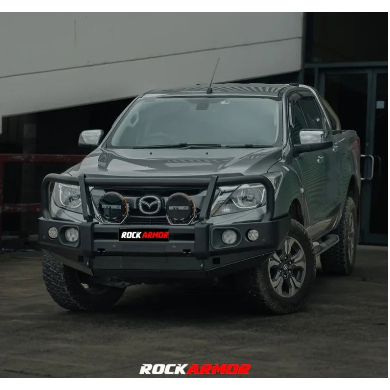 Gray Mazda pickup truck equipped with Rockarmor Elite Bullbar and synthetic winch rope