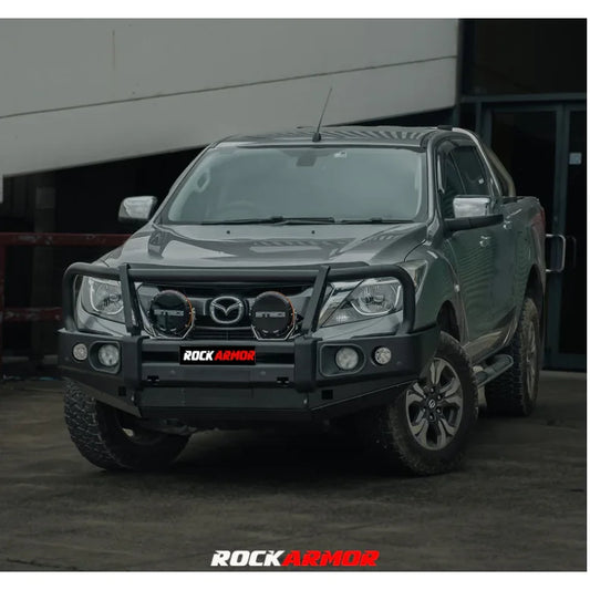 Gray Mazda pickup truck equipped with Rockarmor Elite Bullbar and synthetic winch rope