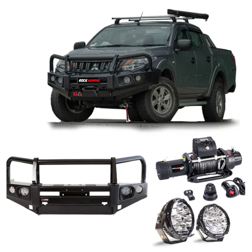 Off-road vehicle accessories featuring Rockarmor Elite Bullbar and synthetic winch rope for Mitsubishi Triton MQ