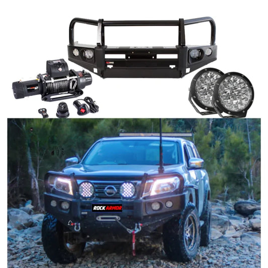 Off-road vehicle bumper and accessories featuring elite bullbar and synthetic winch rope for Nissan Navara NP300
