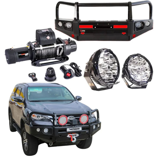 Off-road vehicle accessories featuring Rockarmor Elite Bullbar and synthetic winch rope for Toyota Fortuner