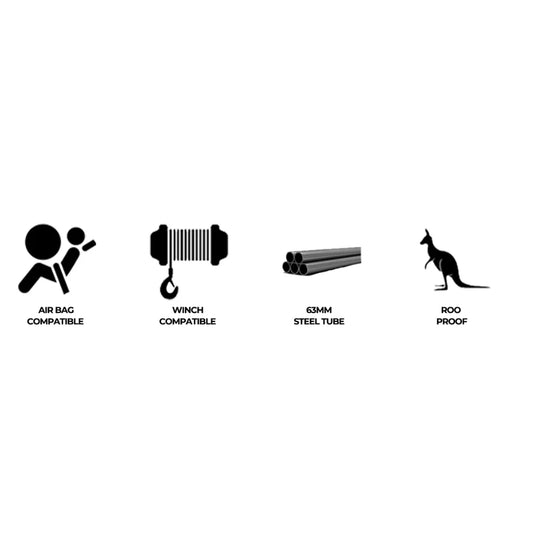 Icons illustrating product features of the Rockarmor Elite Bullbar with synthetic winch rope