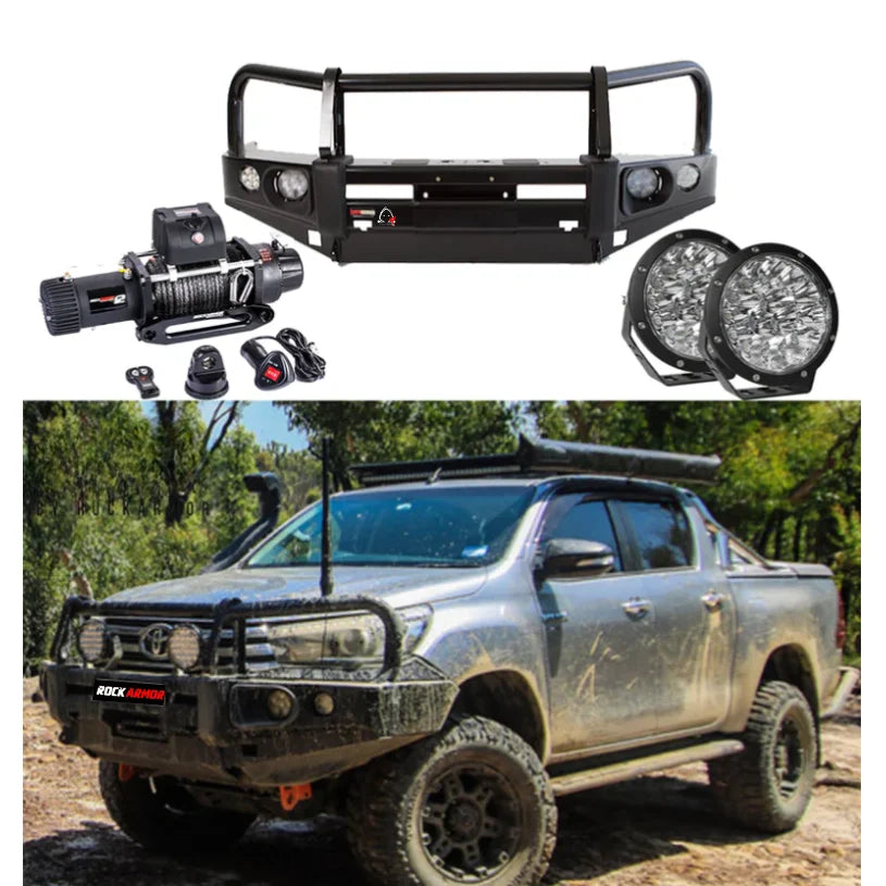Off-road vehicle accessories featuring the Rockarmor Elite Bullbar Frontal Combo with cut required and synthetic winch rope for Toyota Hilux 2015-2020
