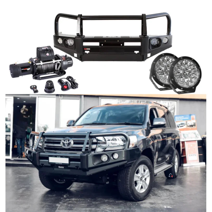 Black off-road vehicle accessories featuring an elite bullbar and synthetic winch rope for Toyota Landcruiser 200 Series