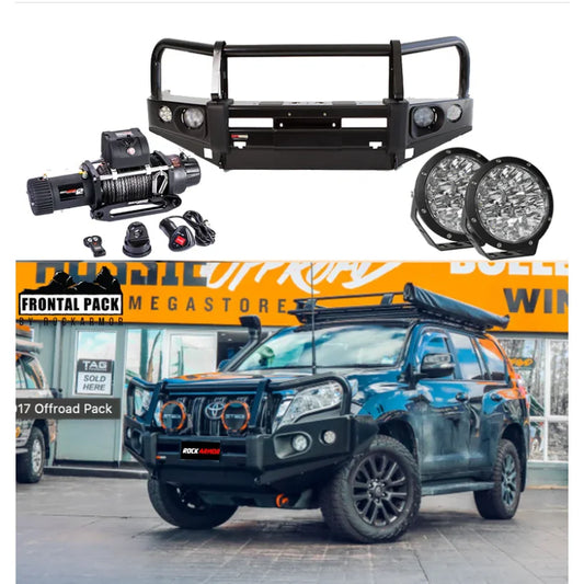 Off-road vehicle accessories featuring the Rockarmor Elite Bullbar and synthetic winch rope for Toyota Prado 150