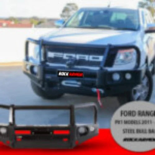 Black steel bull bar on Rockarmor Elite Steel Bullbar for Ford Ranger PX1-2