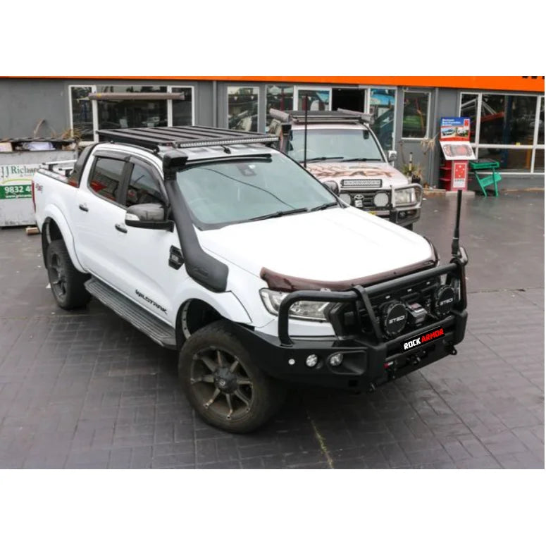 White pickup truck with off-road modifications featuring the Rockarmor Elite Steel Bullbar for Ford Ranger PX1-2