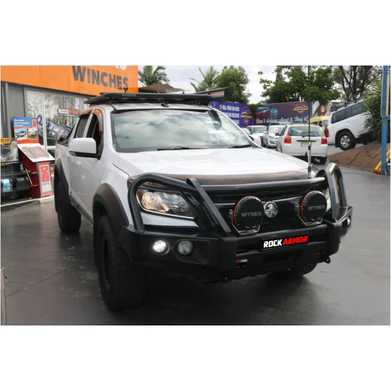 White pickup truck with elite steel bullbar and black bull bar for Holden Colorado