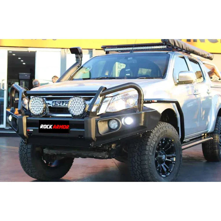 Silver pickup truck with aftermarket steel bullbar and elite steel front bumper