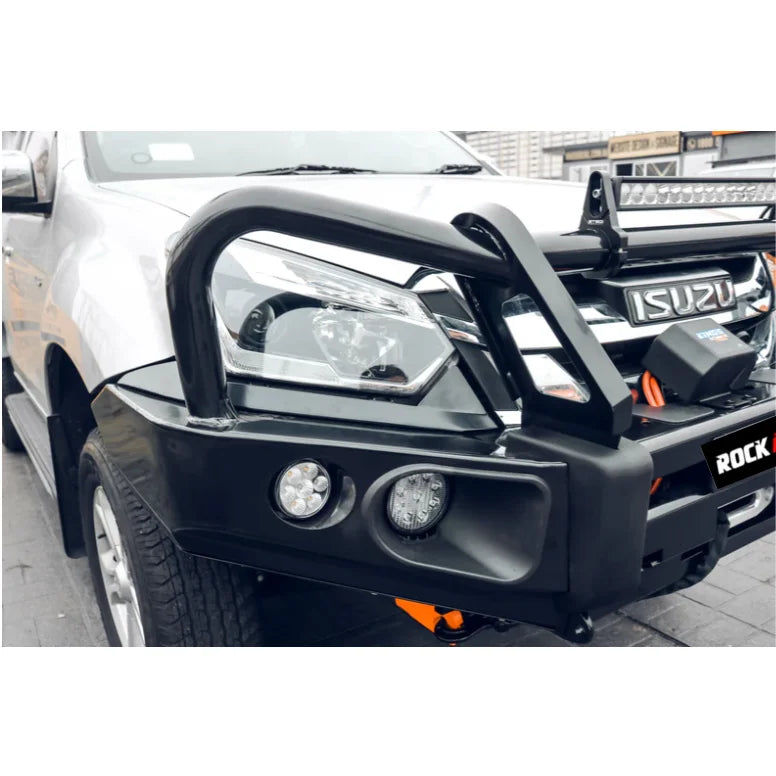 Silver pickup truck with black steel bullbar from Rockarmor Elite Steel Bullbar line