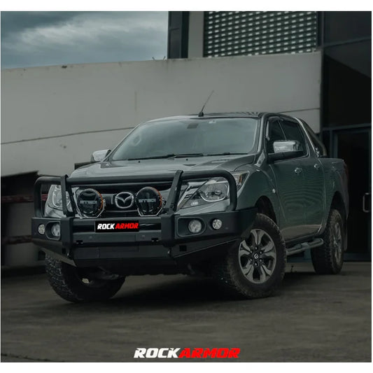 Gray Mazda pickup truck with Rockarmor Elite Steel Bullbar suitable for Mazda BT-50