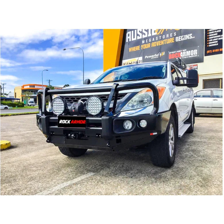 Silver pickup truck with black steel bullbar on Rockarmor Elite Steel Bullbar Mazda Bt-50