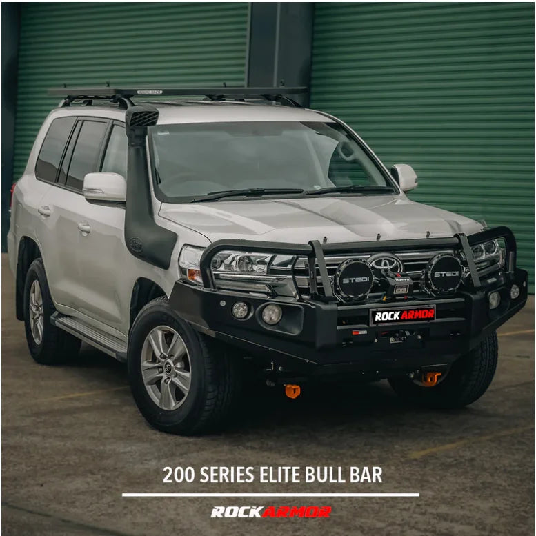 Silver SUV with black bull bar showcasing Rockarmor Elite Steel suit Toyota Landcruiser