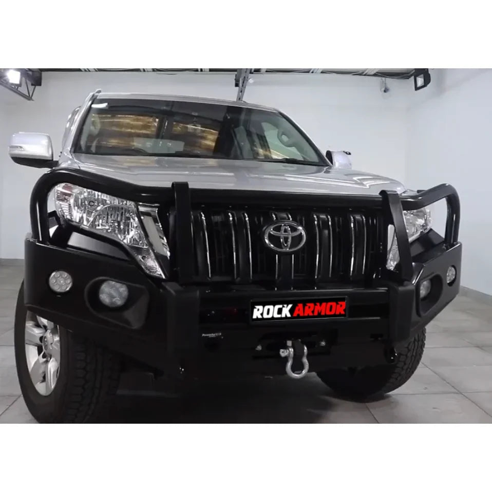 Silver Toyota Prado with black elite steel bullbar for full bar replacement on Fj150 models