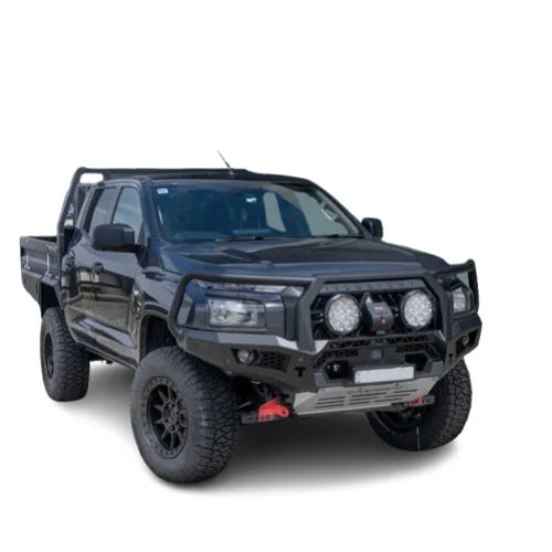 Black pickup truck with aftermarket hoop bullbar and synthetic winch rope for Mitsubishi Mv Triton 2024