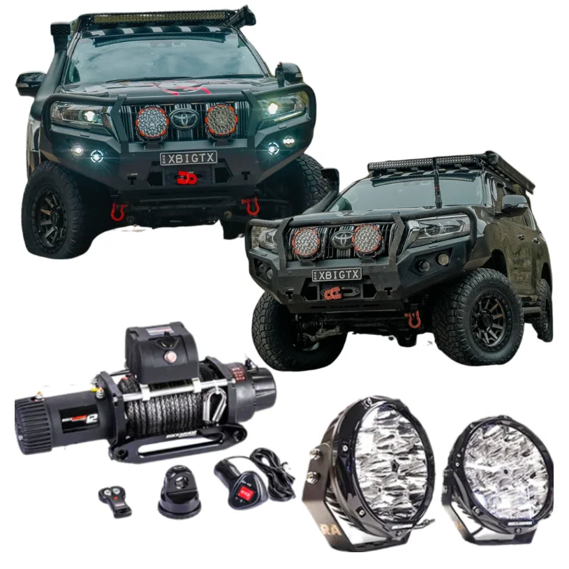 Off-road vehicle accessories including hoop bullbar, driving lights, and synthetic winch rope for Toyota Prado 150 2017+