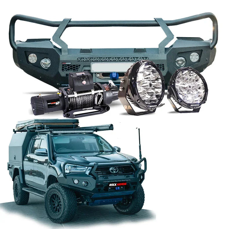 Off-road vehicle accessories featuring a steel hoop bull bar and driving lights for Toyota Hilux 2020+
