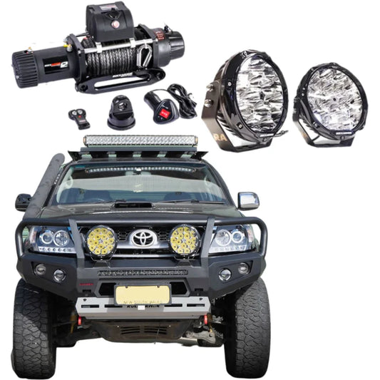 Off-road vehicle accessories featuring Rockarmor GT Steel Hoop Bullbar Combo Pack for Toyota Hilux N70