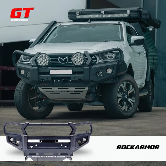 Off-road truck with Rockarmor GT Bull steel hoop bullbar and driving lights