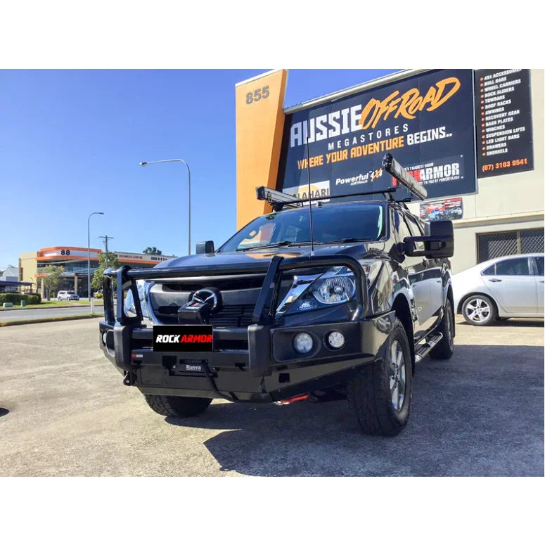 Black off-road truck with Rockarmor GT Bull bull bar and driving lights for Mazda Bt50