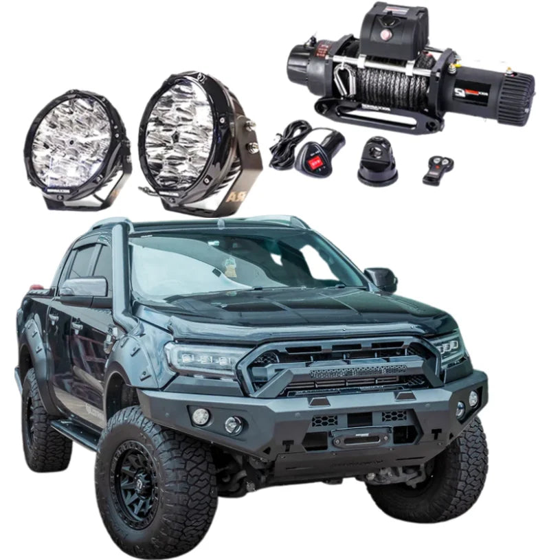 Black pickup truck with Rockarmor GT Steel bull bar and off-road driving lights