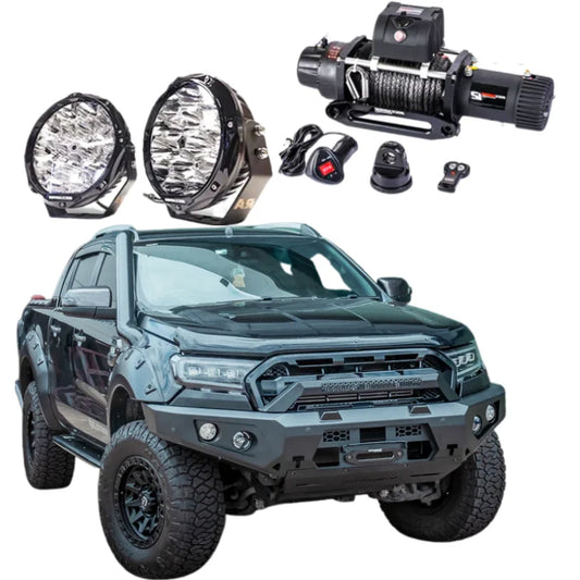 Black pickup truck with Rockarmor GT Steel bull bar and off-road driving lights