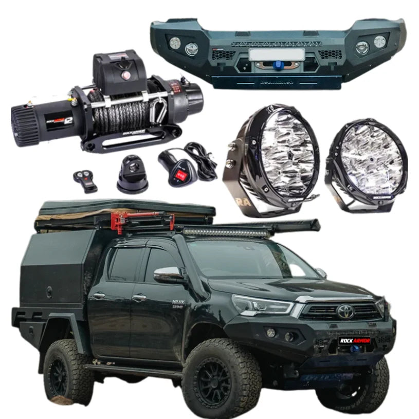 Off-road vehicle accessories featuring Rockarmor GT Steel Bull Bar and driving lights for Toyota Hilux 2020+