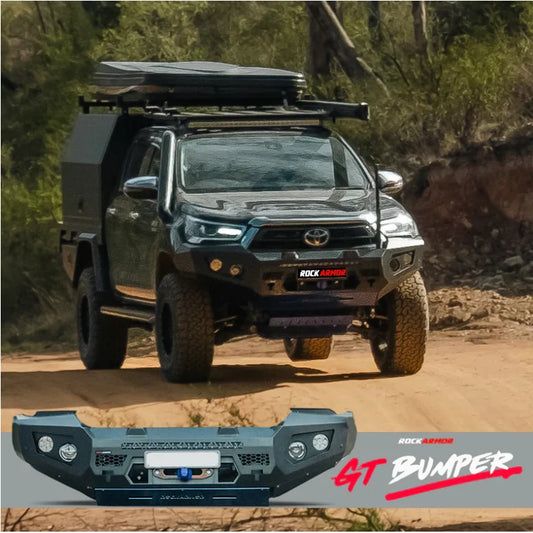 Off-road truck with Rockarmor GT bullbar for maximum frontal protection on Toyota Hilux