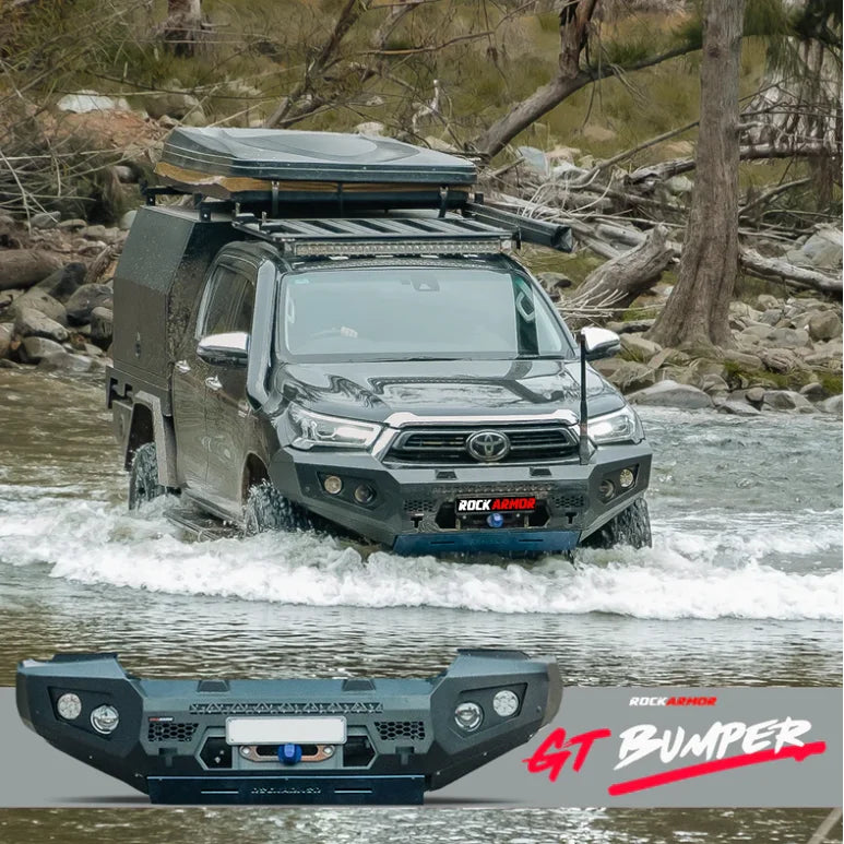 Black off-road truck bumper for Toyota Hilux 2020+ showcasing Rockarmor GT bullbar for maximum frontal protection