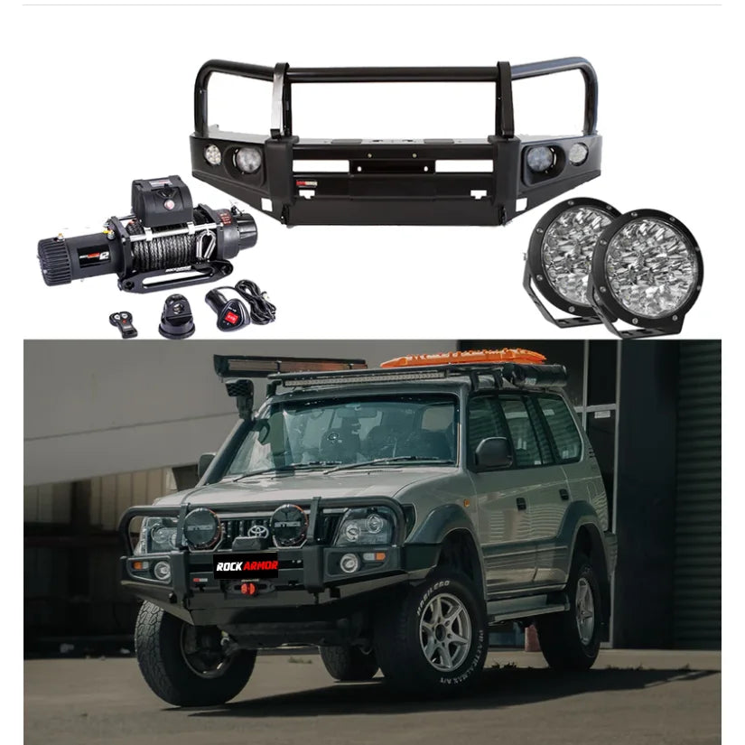 Off-road vehicle accessories featuring Rockarmor premium bullbar and synthetic winch rope for Toyota Prado 90/95