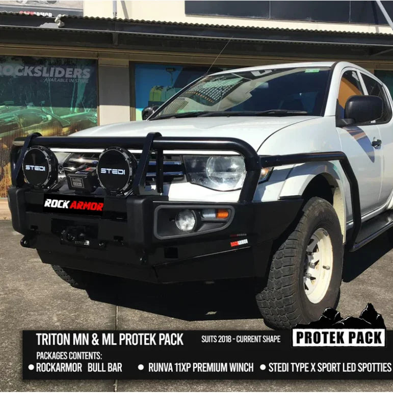 White pickup truck featuring a steel bull bar with fog lights for Mitsubishi Triton MN/ML