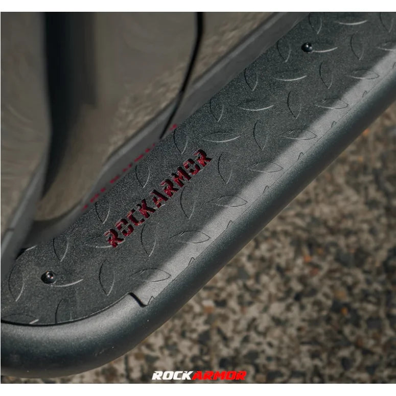 Textured black steel checker plate running board from Rockarmor Steel Rockslider for Ford Ranger Px1,2,3