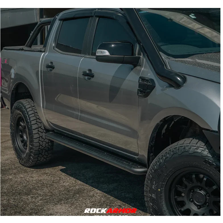 Gray pickup truck with snorkel showcasing Rockarmor steel checker plate side steps fitting video