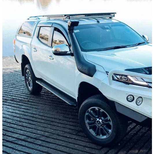 White pickup truck with snorkel roof rack and checker plate brush bar for Mitsubishi Triton