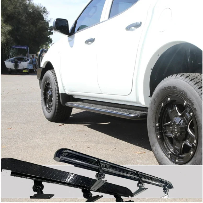 White pickup truck with black running boards featuring checker plate side steps for Mitsubishi Triton MQ MR