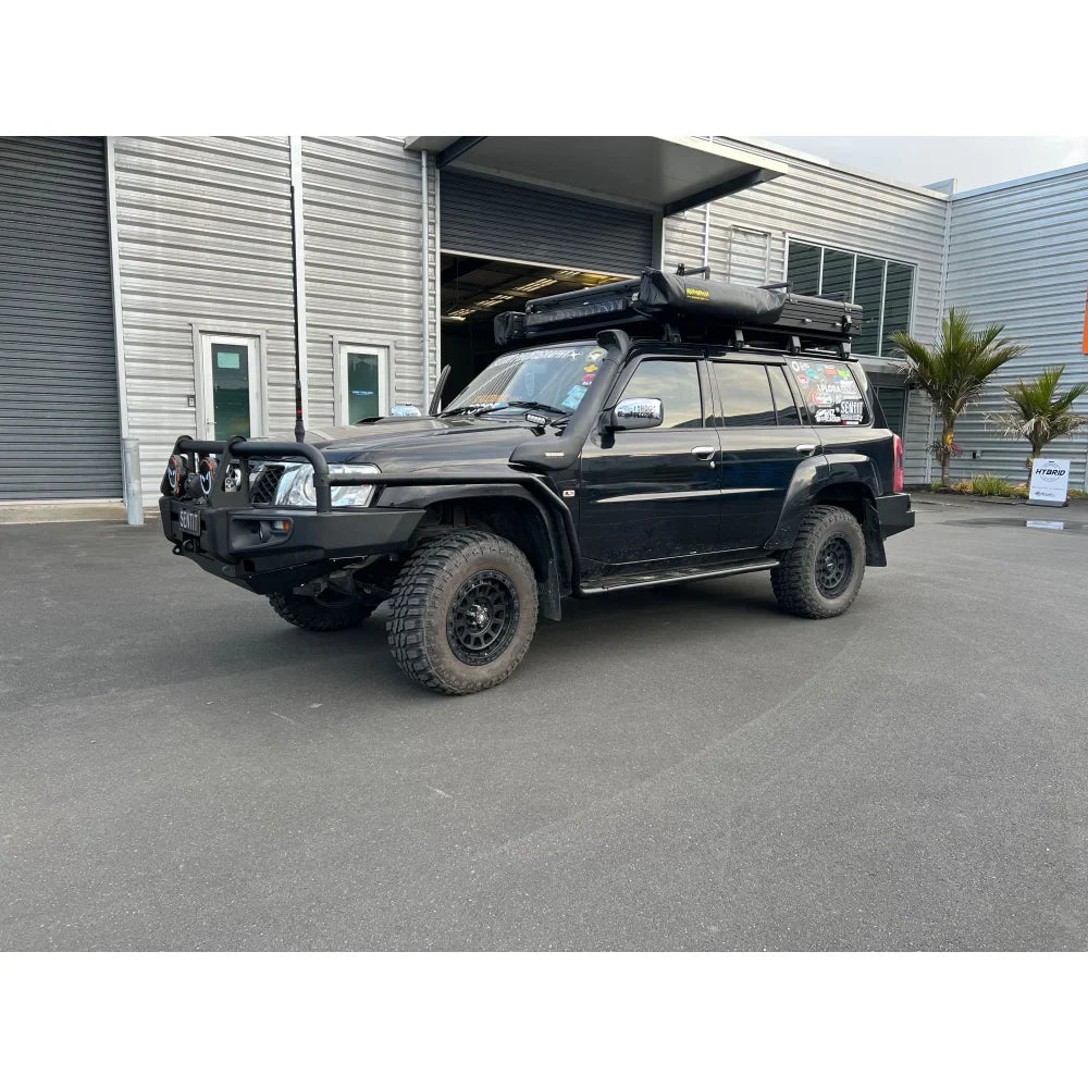 Black off-road vehicle with roof tent and steel checker plate side steps, suitable for Nissan Patrol Y61 with fitting video