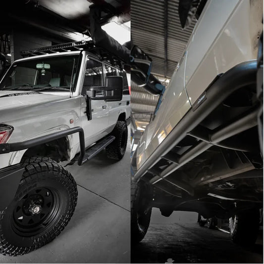 White off-road vehicle with steel checker plate Rockslider side steps for Toyota Landcruiser
