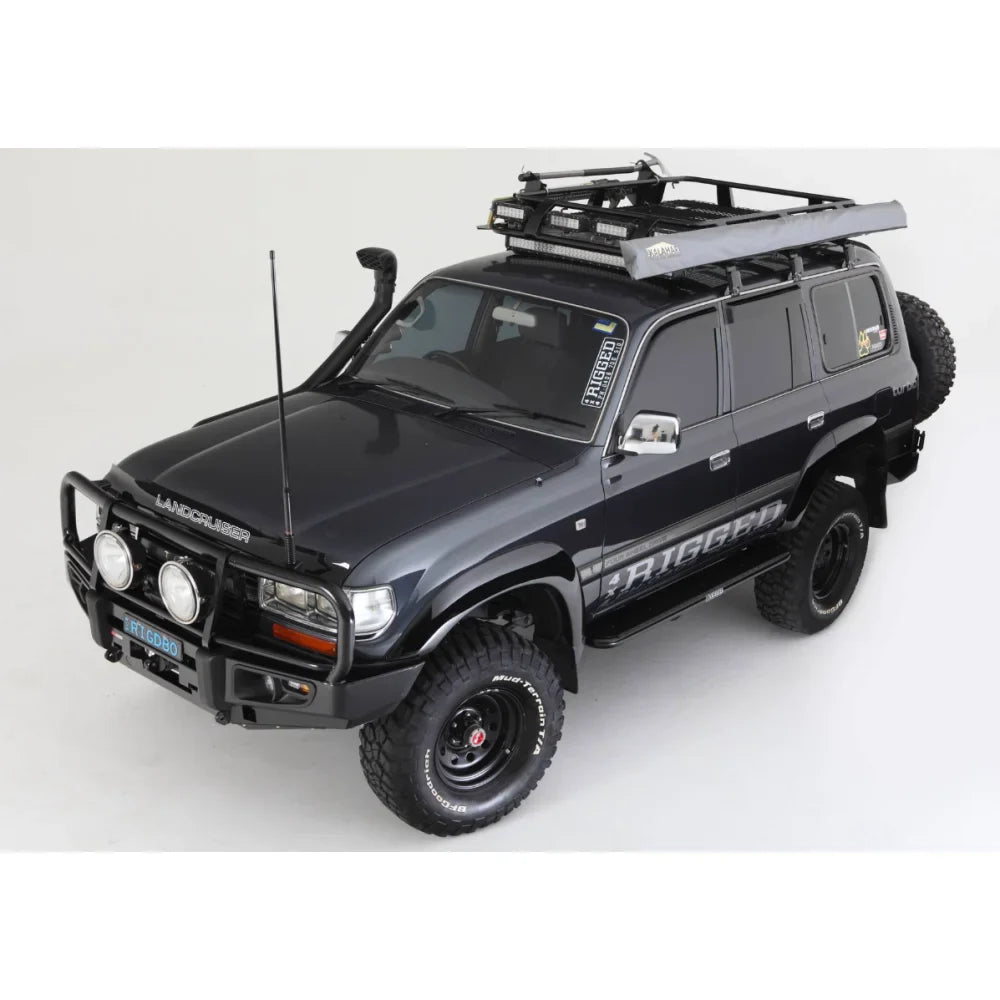 Black Land Cruiser with roof rack and steel checker plate Rockarmor side steps